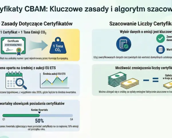 CBAM: 1 certyfikat to 1 tona CO2. Cena oparta na aukcjach EU ETS. Obowiązek posiadania certyfikatów kwartalnie. Możliwość zniżki za opłaty emisyjne.