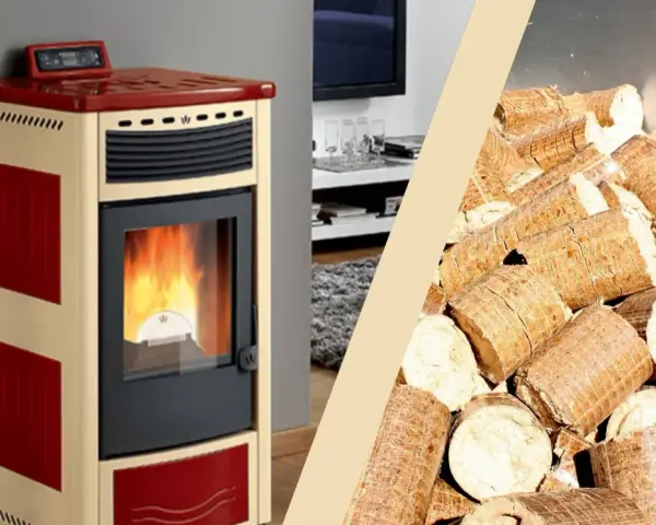 Stufa a pellet accesa e un mucchio di pellet. Per un corretto reset service stufa a pellet, affidati a professionisti.
