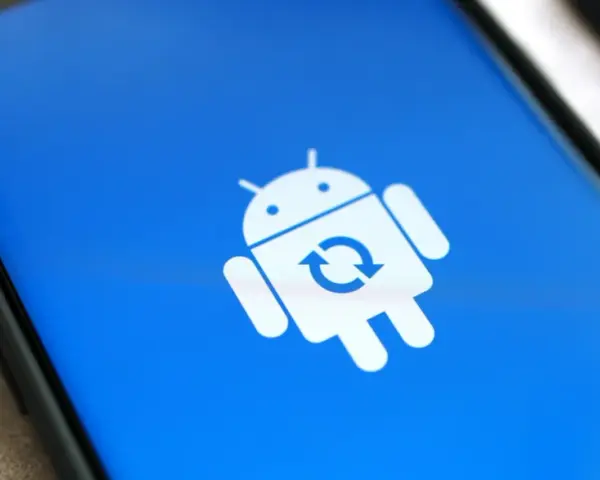 Ikona robota Androida z symbolem odświeżania na niebieskim tle. Oznacza to aktualizacje systemu Android.