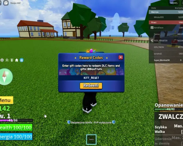 Okno "Reward Codes" w grze Blox Fruits, gdzie można wpisać kody do blox fruits, by otrzymać przedmioty i prezenty.
