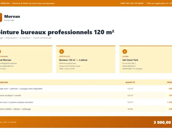 Devis de Pascal Morvan, artiste peintre auto entrepreneur, pour la peinture de bureaux de 120 m². Détails des prestations et tarifs.