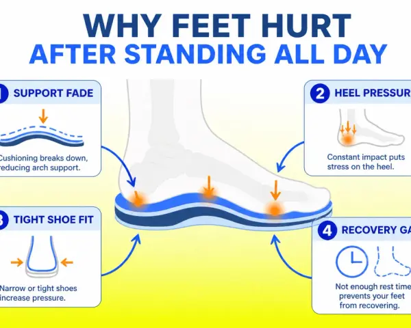 Diagram explains how to relieve foot pain from walking all day: support fade, heel pressure, tight shoe fit, and recovery gap.