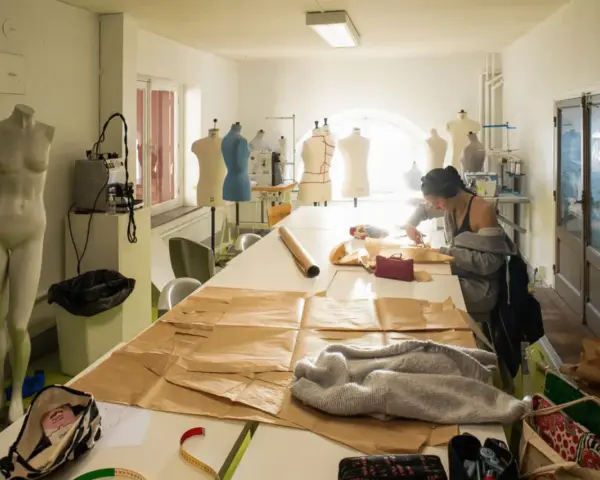 Dans un atelier d'une école d'arts, une jeune femme coupe du tissu sur une grande table. Des mannequins et du matériel de couture sont visibles.