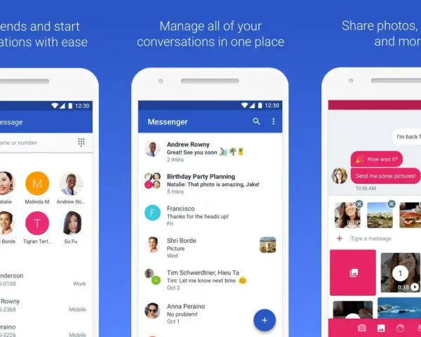 Ekran aplikacji do obsługi wiadomości Google SMS. Widok listy kontaktów, listy konwersacji i okna czatu z możliwością wysyłania zdjęć.