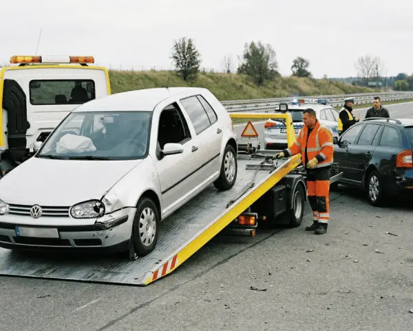 Holowanie uszkodzonego samochodu na lawetę, obok stoi policja i drugi samochód.