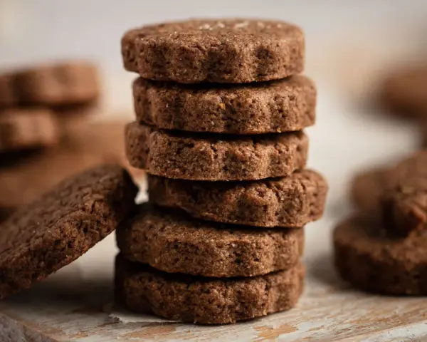 Stack of chocolate biscotti on a wooden board.