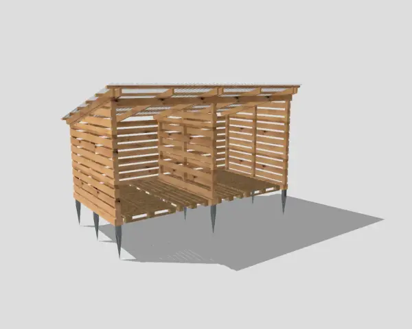 Enkel vedbod byggd av lastpallar, med tak av korrugerad plåt och pallgolv. Perfekt för att bygga vedskjul av lastpallar.