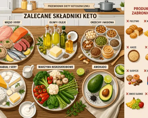 Zalecane produkty do diety keto: mięso, ryby, oliwy, orzechy, nasiona, nabiał, warzywa niskoskrobowe, awokado. Unikaj pieczywa, makaronu, kasz, ziemniaków, słodyczy, słodkich napojów, owoców i sosów z cukrem.