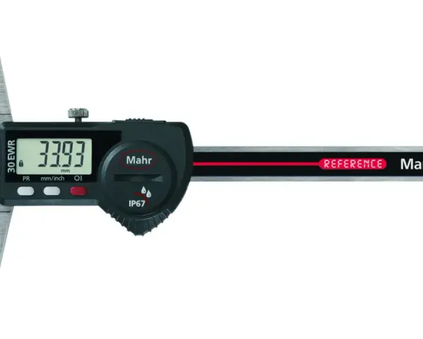 Calibro digitale Mahr MarCal per misurare la profondità, con display che mostra 33.93 mm.