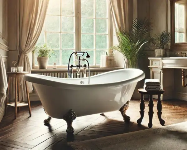 Baignoire îlot sur pieds dorés, évoquant le poids d'une baignoire en fonte. Lumière douce filtrant par la fenêtre, ambiance luxueuse.