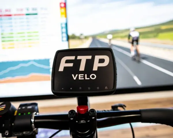 Écran d'entraînement cycliste affichant des données et une course virtuelle. Le logo FTP VELO est bien visible, prêt pour un entraînement de cycliste pro.