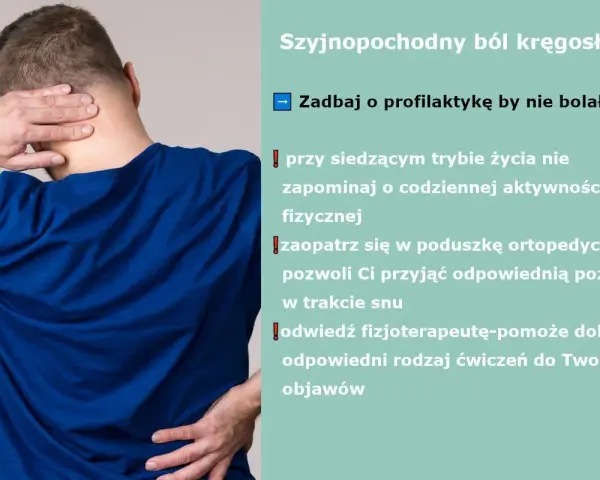Mężczyzna trzyma się za kark i dolną część pleców, sugerując ból kręgosłupa. Tekst informuje o profilaktyce, by uniknąć bólu, który może powodować zawroty głowy od kręgosłupa.