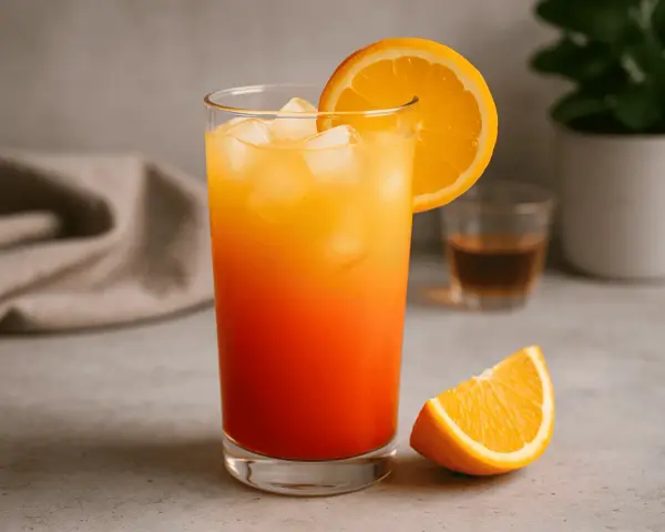 Kolorowy drink tequila sunrise z lodem i plasterkiem pomarańczy, idealny na letnie popołudnie.