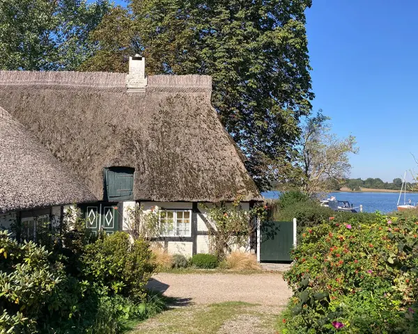 Reetgedecktes Haus am Wasser, ein **damp geheimtipp** mit Booten im Hintergrund.