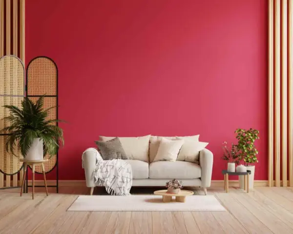 Un divano chiaro su un tappeto bianco, con una parete di un vivace viva magenta. Piante verdi e divisori in rattan completano l'arredamento.