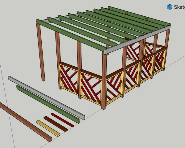 En 3D-modell av en altan med trästolpar, takbjälkar och dekorativa räcken. Bredvid altanen ligger byggdelar som ska användas för att rita altan i SketchUp.