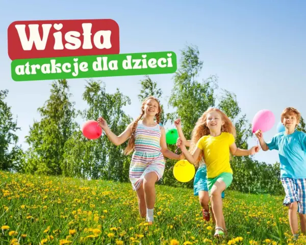 Radosne dzieci biegają po łące pełnej mleczy, trzymając kolorowe balony. Wisła oferuje mnóstwo atrakcji dla dzieci, które sprawią im mnóstwo radości.
