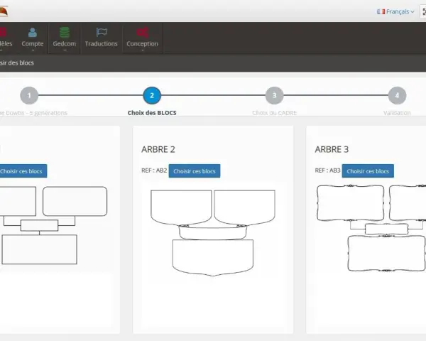 Interface logicielle pour créer un arbre famille. Trois modèles d'arbres sont proposés : ARBRE 1, ARBRE 2 et ARBRE 3.