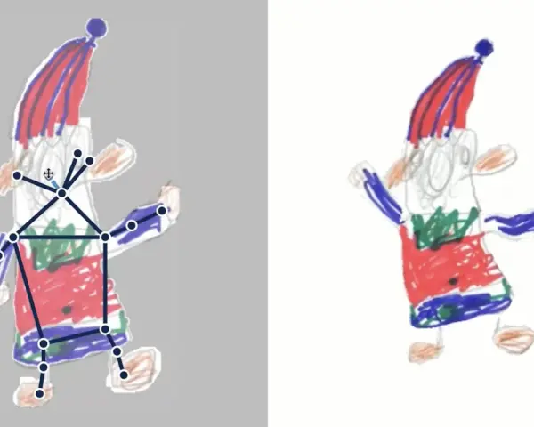 Dessin d'animation : un personnage enfantin avec un squelette numérique superposé, prêt à bouger.