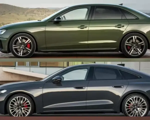 Dwa eleganckie sedany Audi: zielony na tle gór i ciemnoszary przy nowoczesnym budynku.