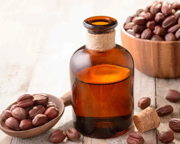 Butelka z bursztynowego szkła z płynnym złotym olejkiem jojoba na włosy, obok drewnianej łyżki z orzechami jojoba.