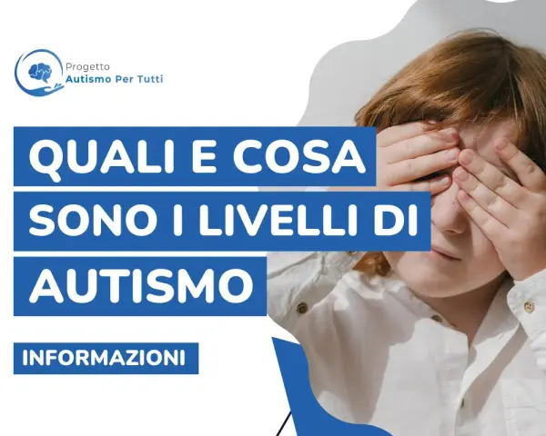 Bambino con le mani sugli occhi, testo "Quali e cosa sono i livelli di autismo". Informazioni sul progetto Autismo Per Tutti.