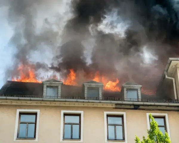 Dachstuhlbrand mit Flammen und schwarzem Rauch. Ein trauriger Nachweis, warum eine Hausratversicherung wichtig ist.