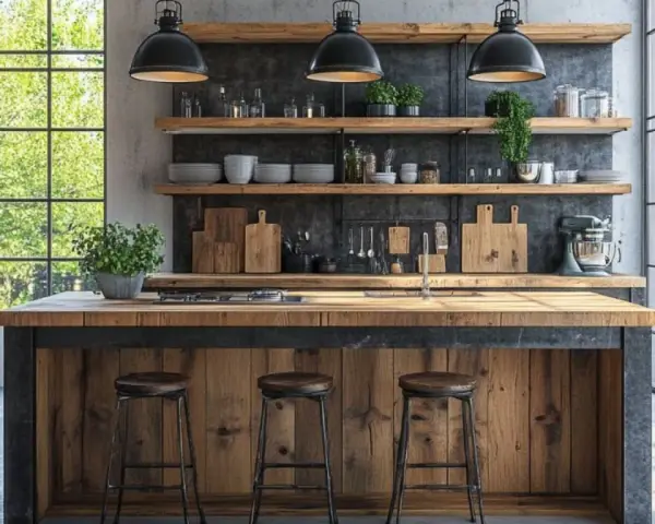 Cucina con isola in legno grezzo e sgabelli, mensole con utensili e piante. Un perfetto esempio di stile rustico moderno.