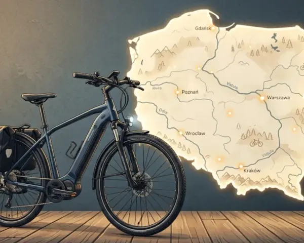 Czy rower elektryczny jest pojazdem mechanicznym? Ten rower z sakwami na tle mapy Polski sugeruje podróż po kraju.