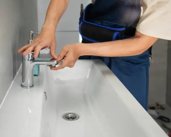 Man con mono azul trabajando en un lavabo blanco, ajustando un grifo cromado.