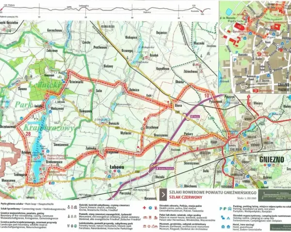 Piastowski trakt rowerowy w Gnieźnie i okolicach. Mapa szlaków rowerowych z zaznaczonymi atrakcjami turystycznymi.