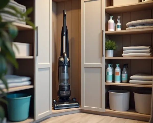 Un aspirateur trône dans un coin de ce rangement balai fait maison, à côté de produits ménagers et de serviettes pliées.