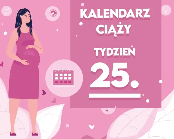 Kobieta w 25 tygodniu ciąży, z brzuszkiem. Obok kalendarz i napis "Kaledarz ciąży tydzień 25".