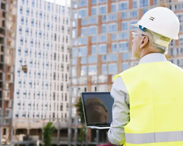 Ingeniero con casco y chaleco reflectante revisa un portátil frente a edificios en construcción. A pesar de un posible **ite desfavorable**, su mirada es decidida.