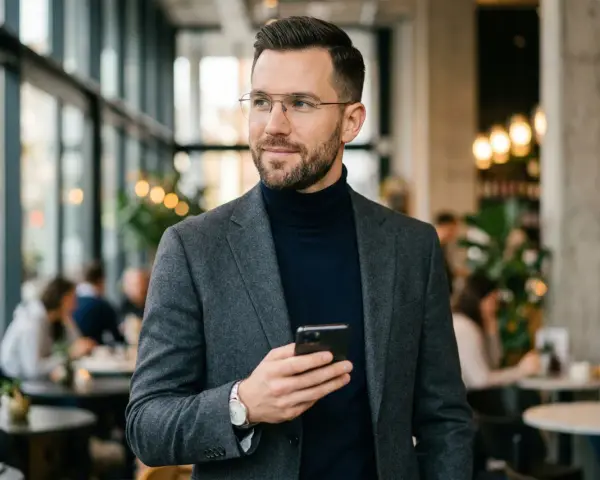 Elegancki mężczyzna z telefonem, zastanawia się nad typami osobowości tinder.