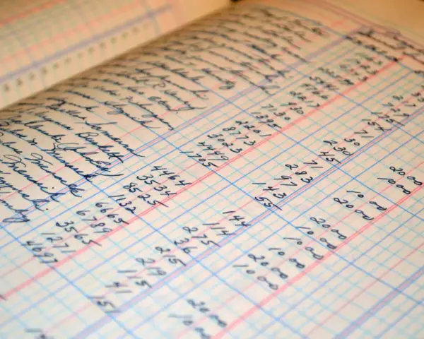 A close-up of a ledger book with handwritten entries, showing columns of names and numbers. This image illustrates the process of how to make a balance sheet, with detailed financial records.