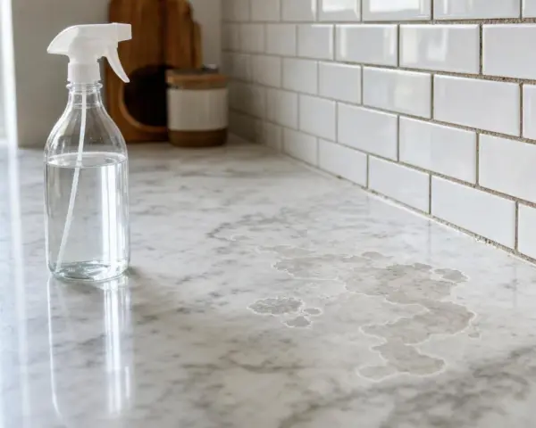 Une bouteille de vinaigre blanc sur un comptoir en pierre naturelle, prêt à nettoyer les taches.