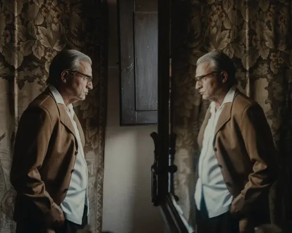 Uomo anziano con giacca marrone e camicia bianca, riflesso in uno specchio. L'arredamento suggerisce un'eleganza d'altri tempi, forse un omaggio a Balenciaga di dove è.