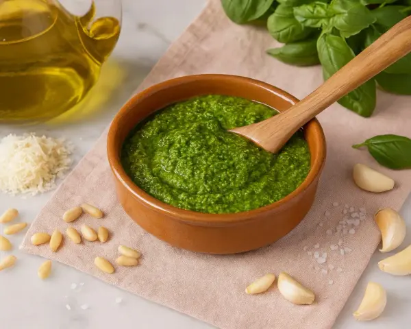 Frisches Pesto Genovese in einer Schale, umgeben von Pinienkernen, Parmesan, Knoblauch, Basilikum und Olivenöl.