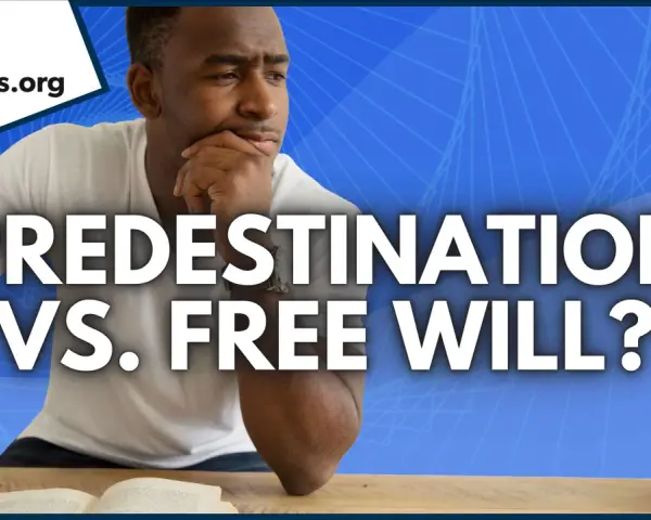 A thoughtful Black man ponders the question of predestination vs. free will, with the words emblazoned across the image.