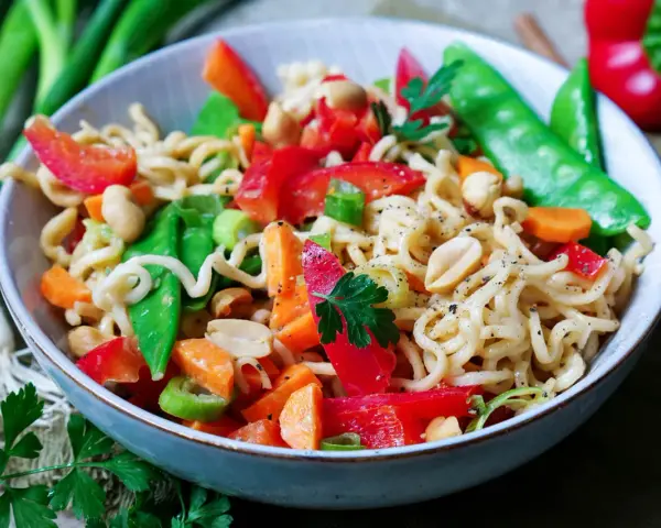 Bunter mie nudelsalat mit Erdnüssen, Zuckerschoten, Karotten und Paprika, garniert mit Petersilie.