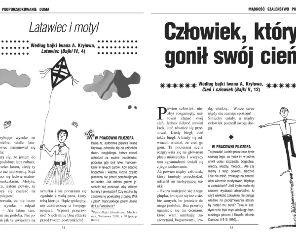 Latawiec i motyl, człowiek goniący cień – ilustracje do bajek filozoficznych Iwana Kryłowa.