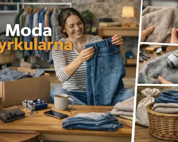 Kobieta z uśmiechem przegląda ubrania, przygotowując je do upcyklingu. Widać pudełko z odzieżą, stosy jeansów i swetrów, a także golarkę do ubrań.