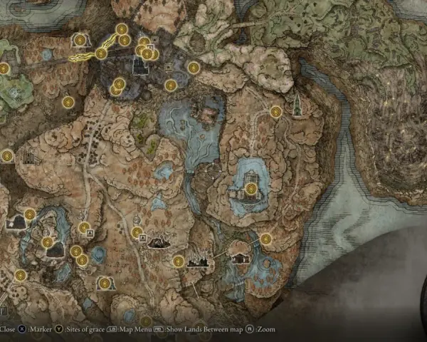 Mapa de Elden Ring con numerosos puntos de gracia dorados marcando lugares de interés y descanso.