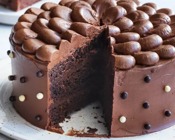 En saftig, klassisk chokladtårta med chokladfrosting och dekorationer av chokladkulor. En bit är bortskuren.