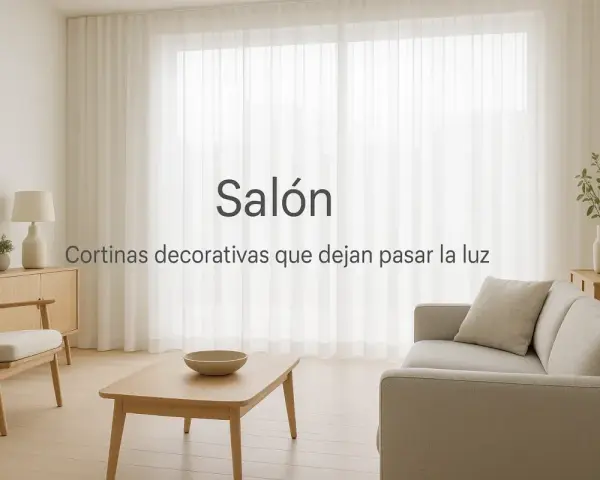 Salón moderno con sofá, mesa de centro y un estor o cortina blanca que deja pasar la luz.
