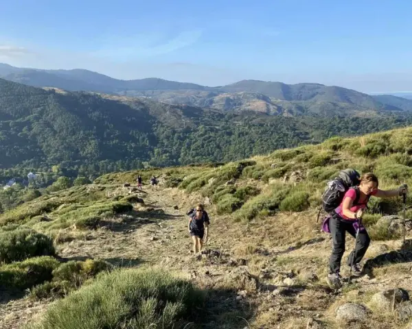 Des randonneurs progressent sur un sentier rocailleux, profitant d'une vue panoramique sur les montagnes verdoyantes lors d'une randonnée au Mont Aigoual.