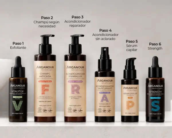 Seis productos Arganour para el cuidado del cabello, incluyendo un sérum y un aceite pelo, presentados en pasos.