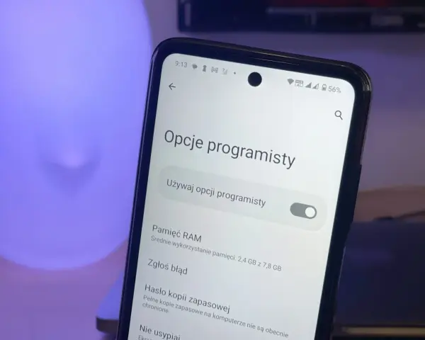 Ekran telefonu Samsung z włączonymi opcjami programisty.