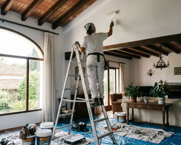 Persona pinta el techo de una sala con vigas de madera. Se pregunta cuánto cuesta pintar una casa.